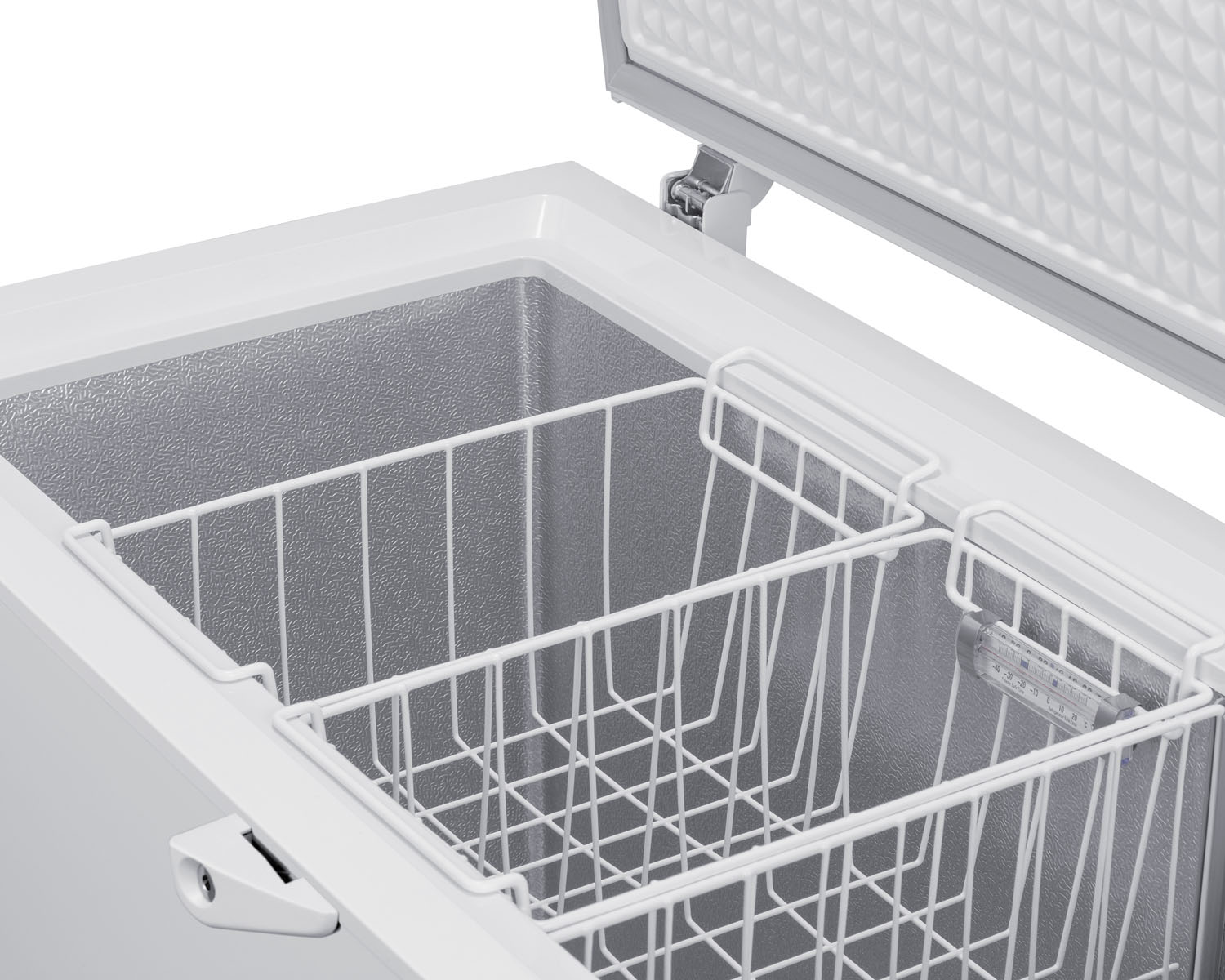 Commercially listed 6.7 cu.ft. manual defrost chest freezer in white with stainless steel corner guards and lock